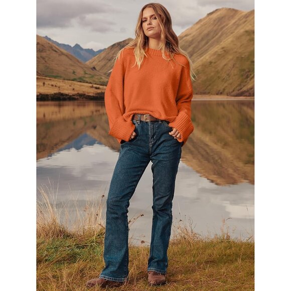 Women's Oversized Sweater Fuzzy Orange Long Sleeve Casual Chunky Pullover - Picture 7 of 8